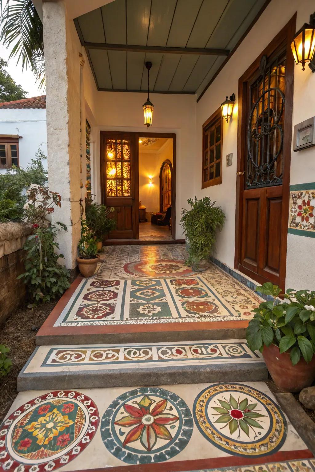 Artistic tiles bringing pattern and color to the entrance floor.