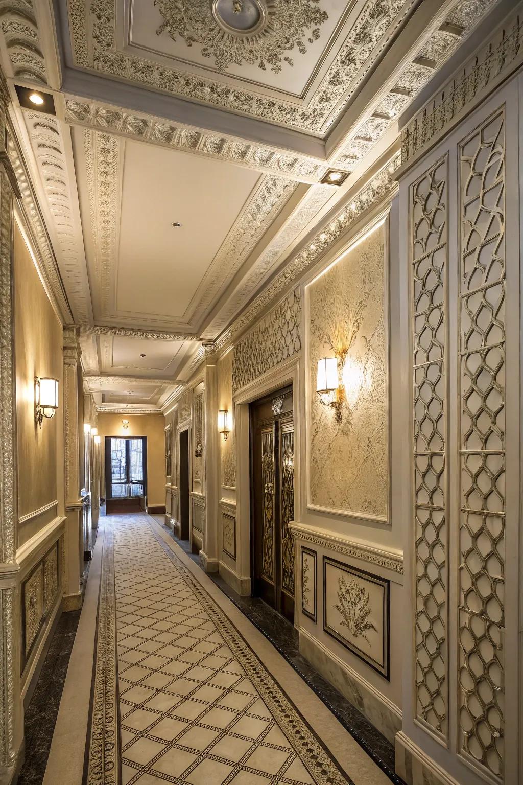 Art Deco wainscoting adds vintage glamour and luxury.