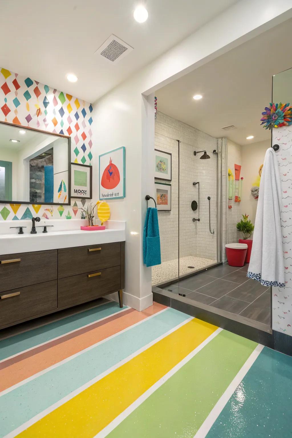 Playful color-blocked epoxy floor adding a modern touch to the bathroom.