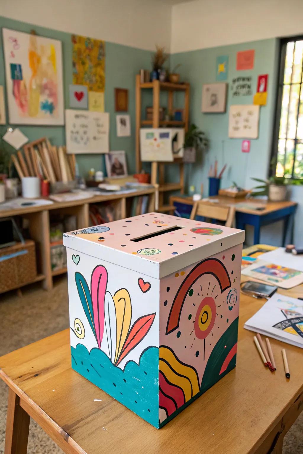 A creatively painted suggestion box in an artistic studio.