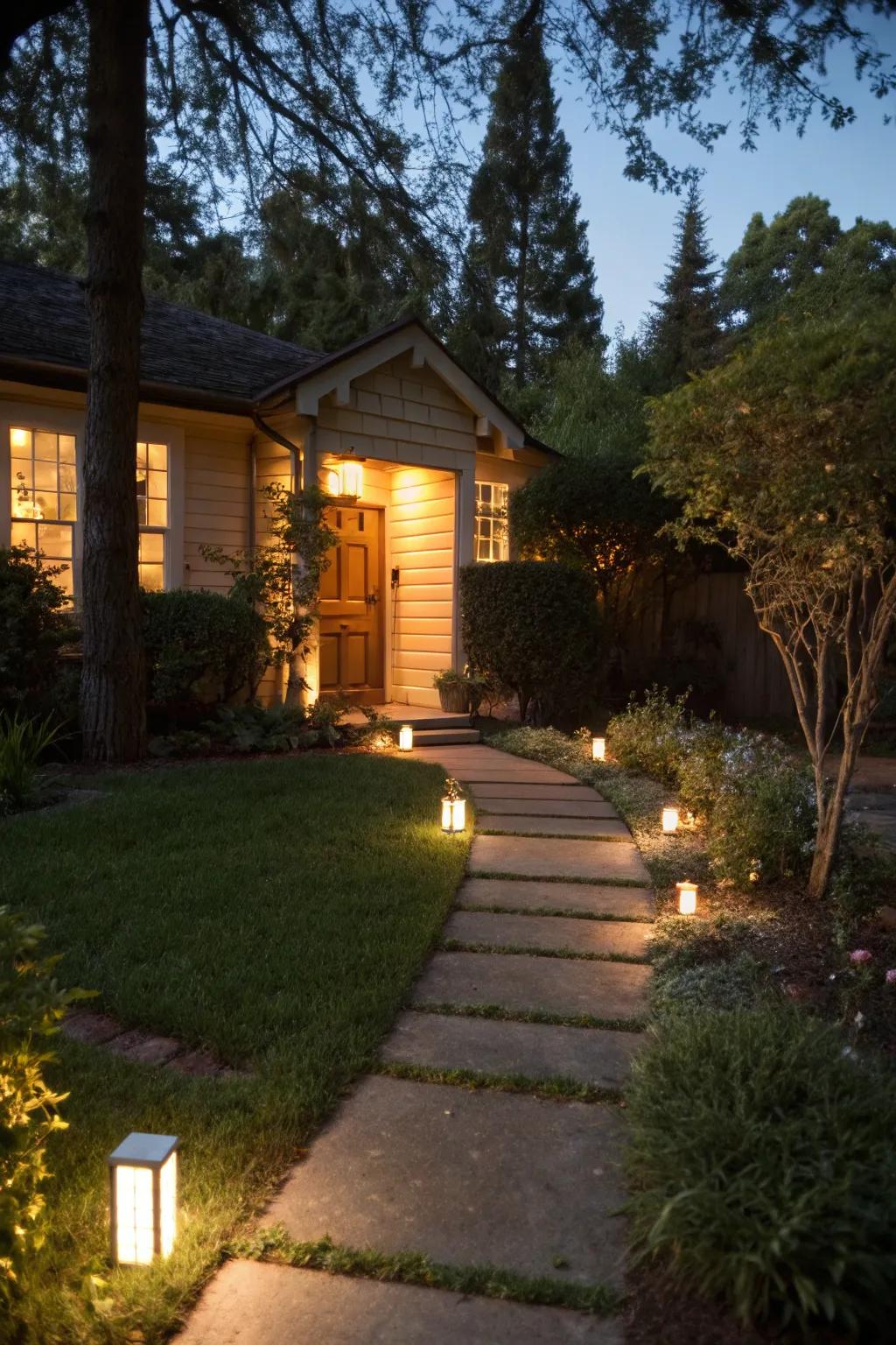 Pathway lights create a warm and inviting atmosphere.