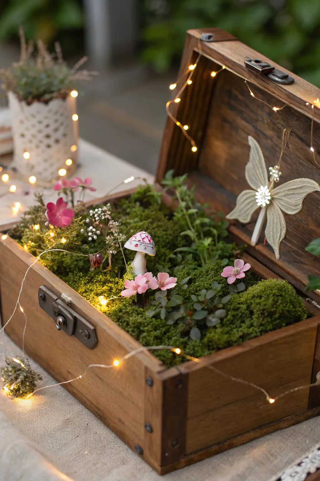 A wooden box fairy garden offers a compact and customizable space.