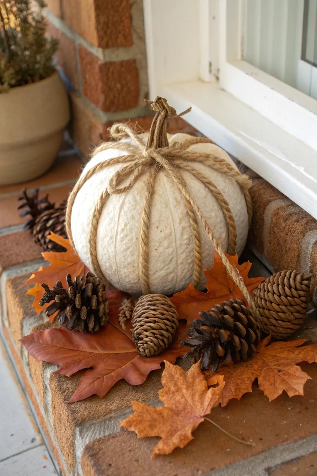 Twine wrapped pumpkins offer a natural and rustic touch.