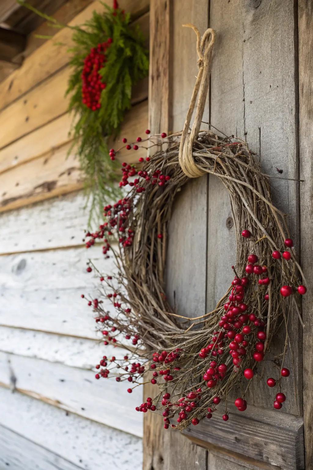 A twig and berry wreath adds a natural touch to fall décor.