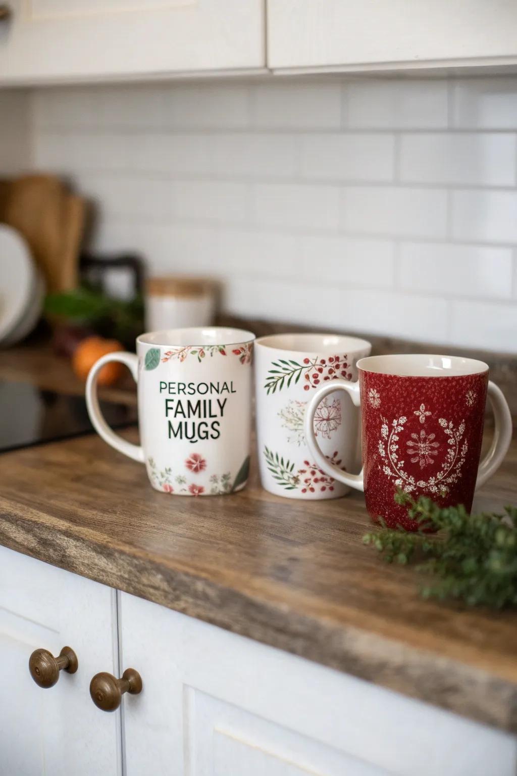 Enjoy morning brews with personalized family mugs.