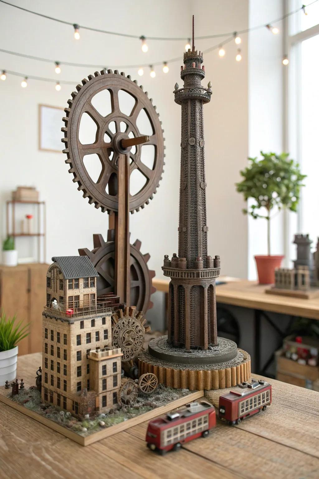 Explore the charm of craftsmanship with this steampunk cityscape diorama, where vintage meets minimalist elegance.