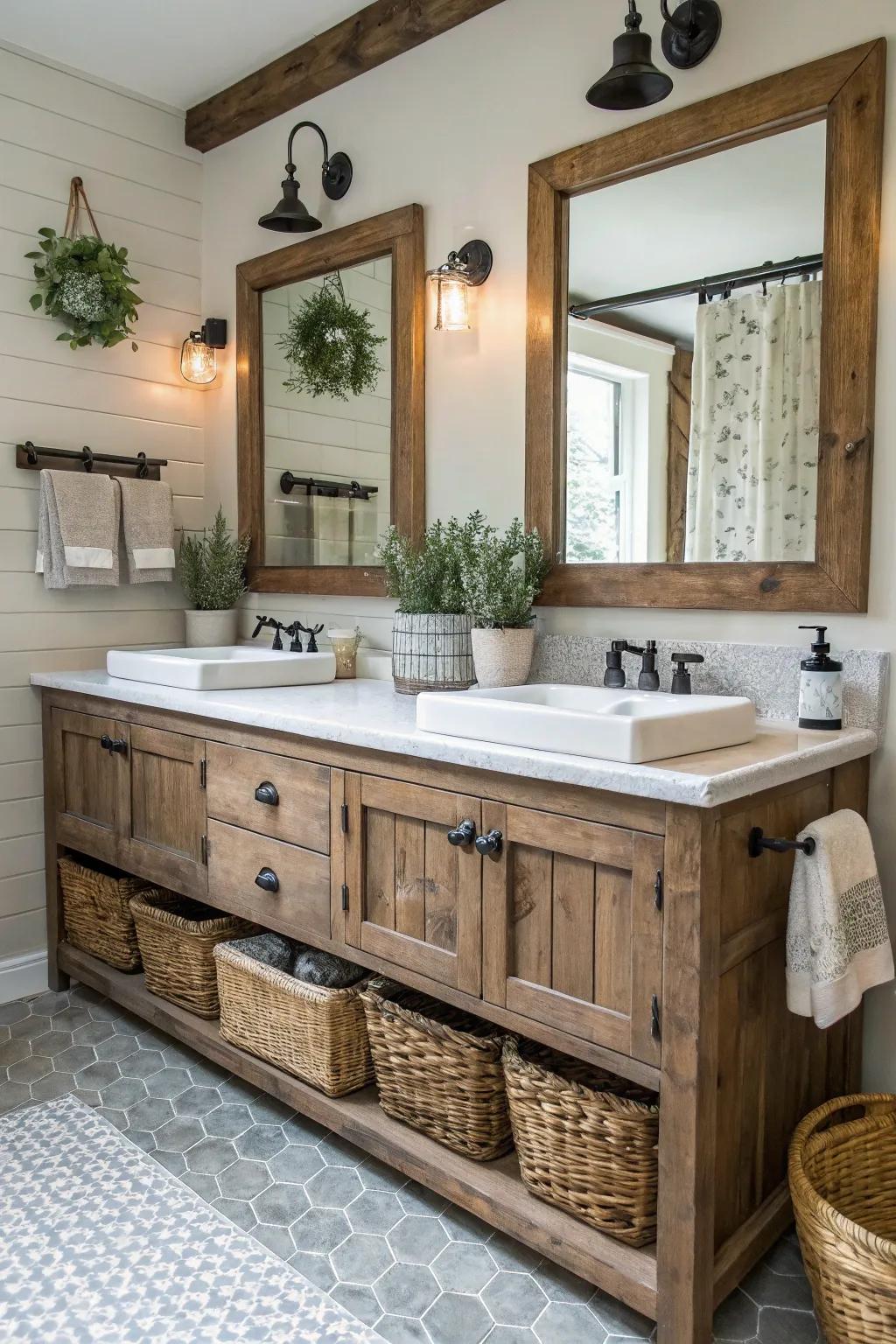 A farmhouse bathroom featuring a functional and stylish double sink vanity.