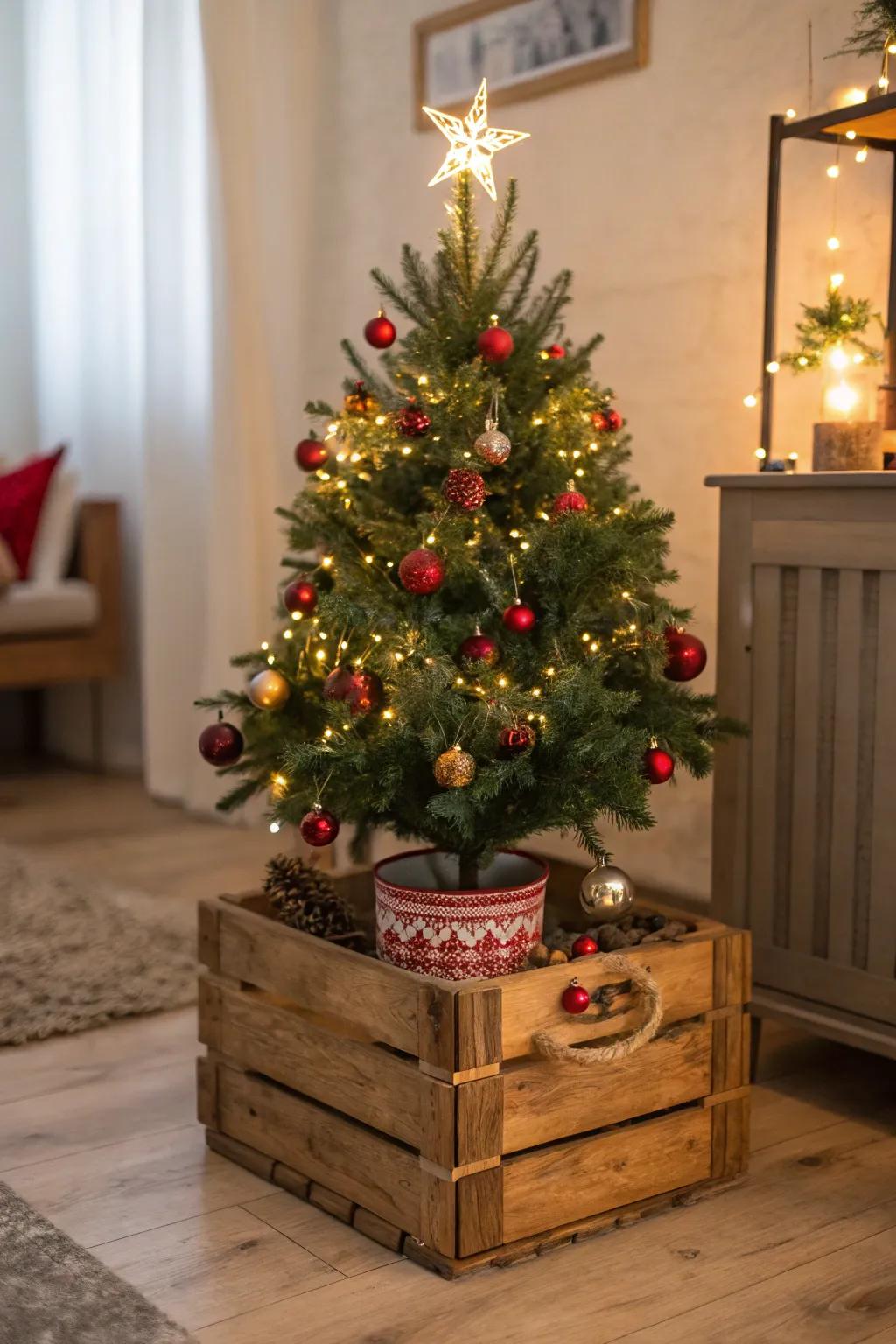 Charming vintage-inspired tree stand using a wooden crate.