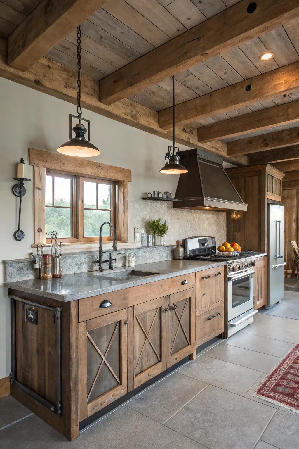 Farmhouse kitchen featuring industrial elements for a balanced design.