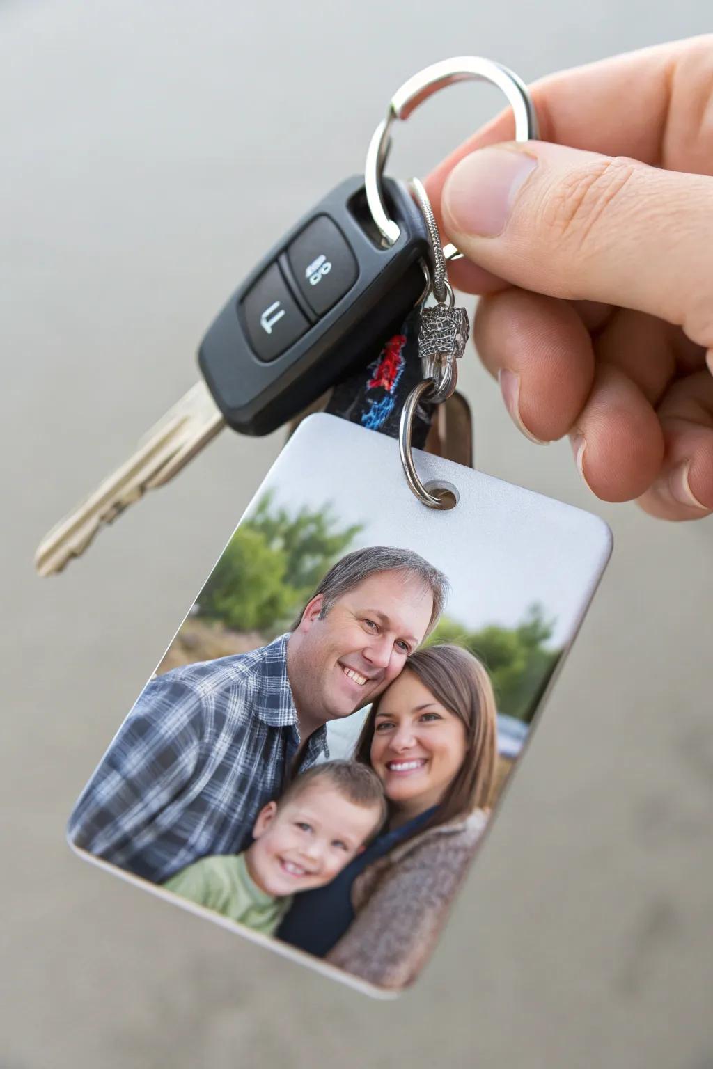 A personalized keychain with a cherished family photo.