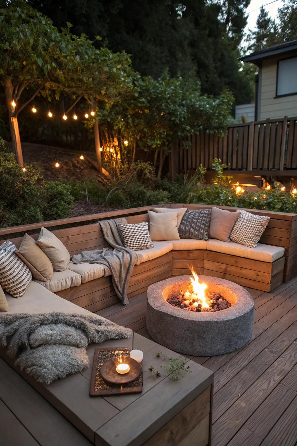 A built-in banquette offers a seamless and cozy seating solution for your fire pit.