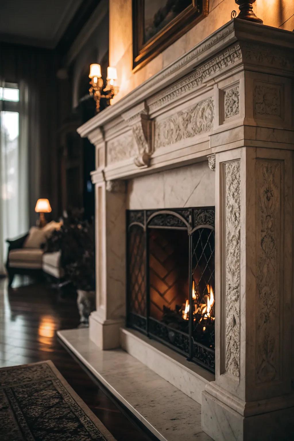 A monochrome scheme adds sleek sophistication to this fireplace.