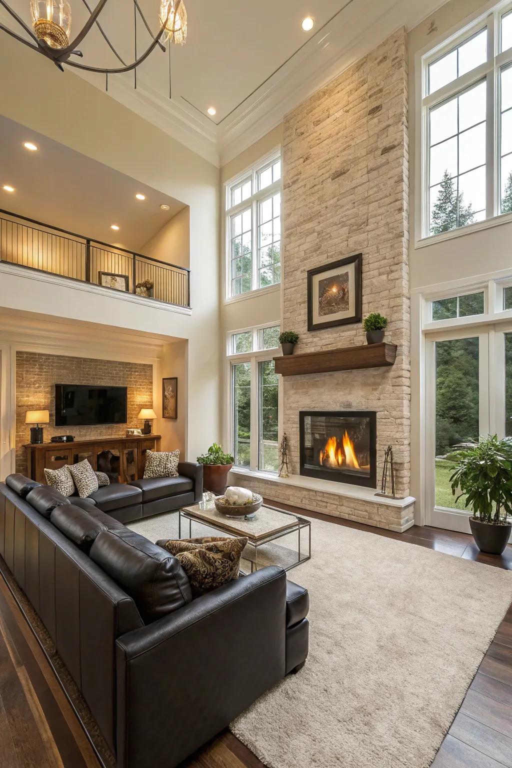 A fireplace wall creating a dramatic and central feature in the living room.