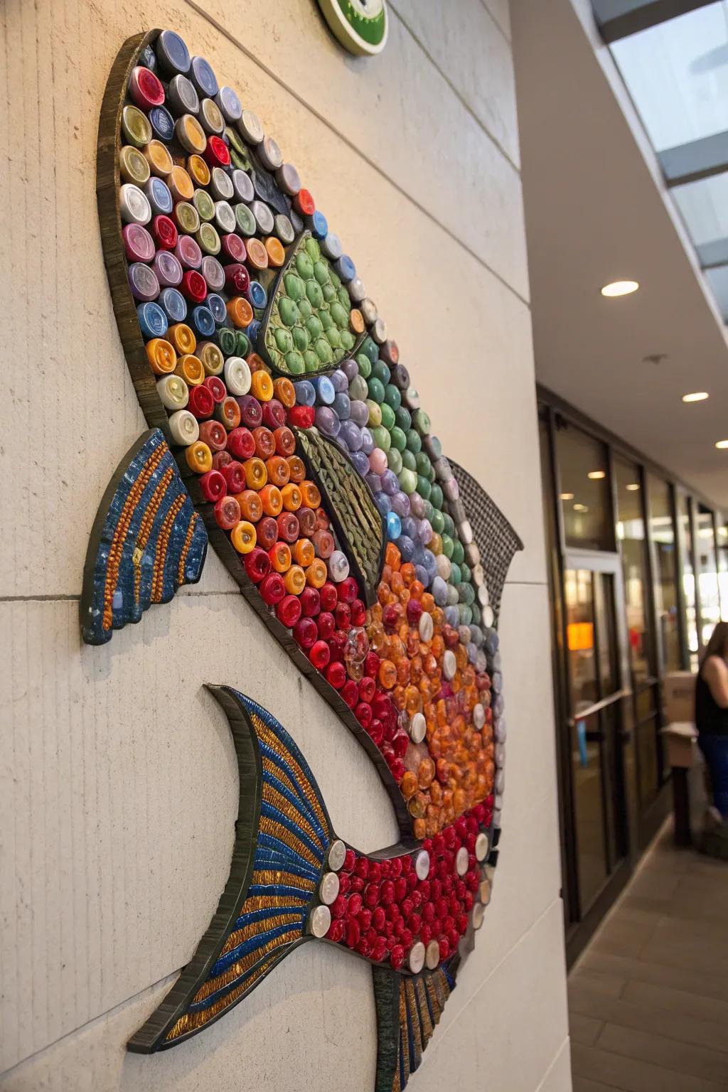 Create vibrant wall art using recycled bottle caps.