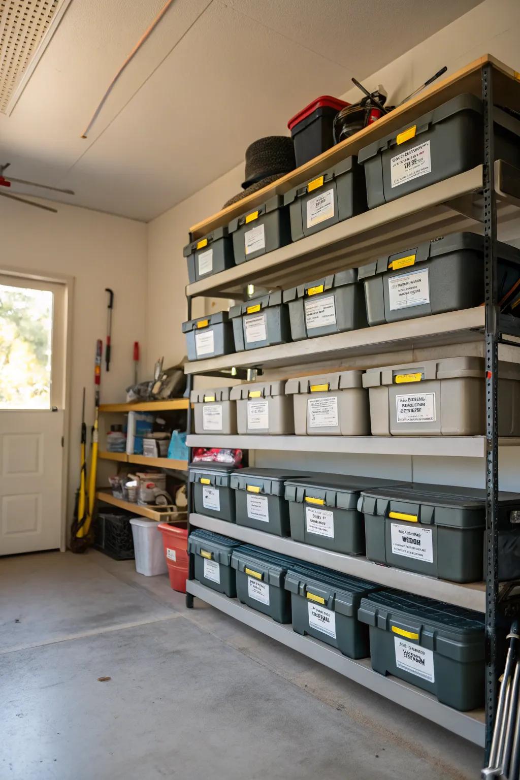 Labeled tackle boxes simplify organization and retrieval.