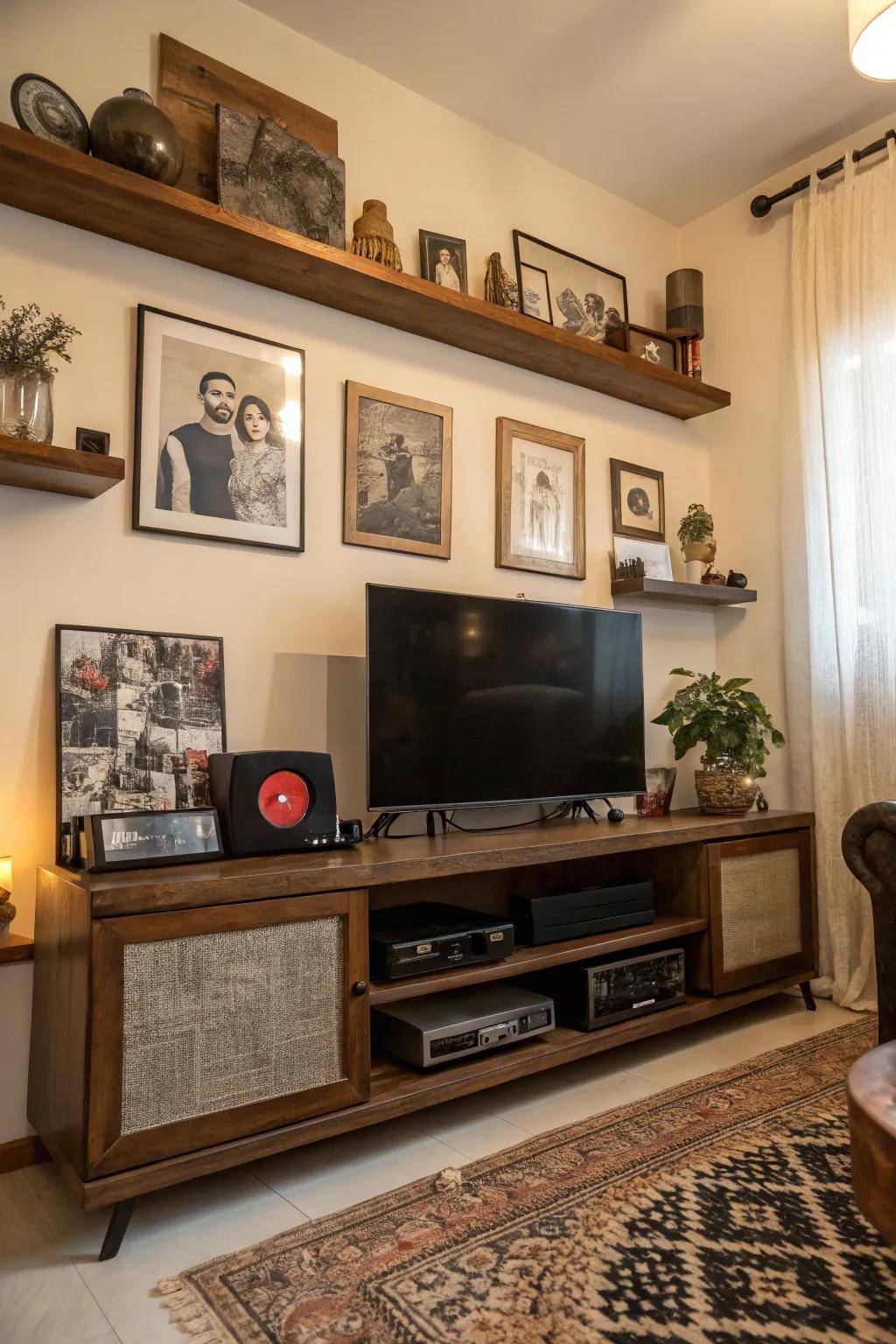 Vintage items on floating shelves add nostalgia and personal charm to the TV area.