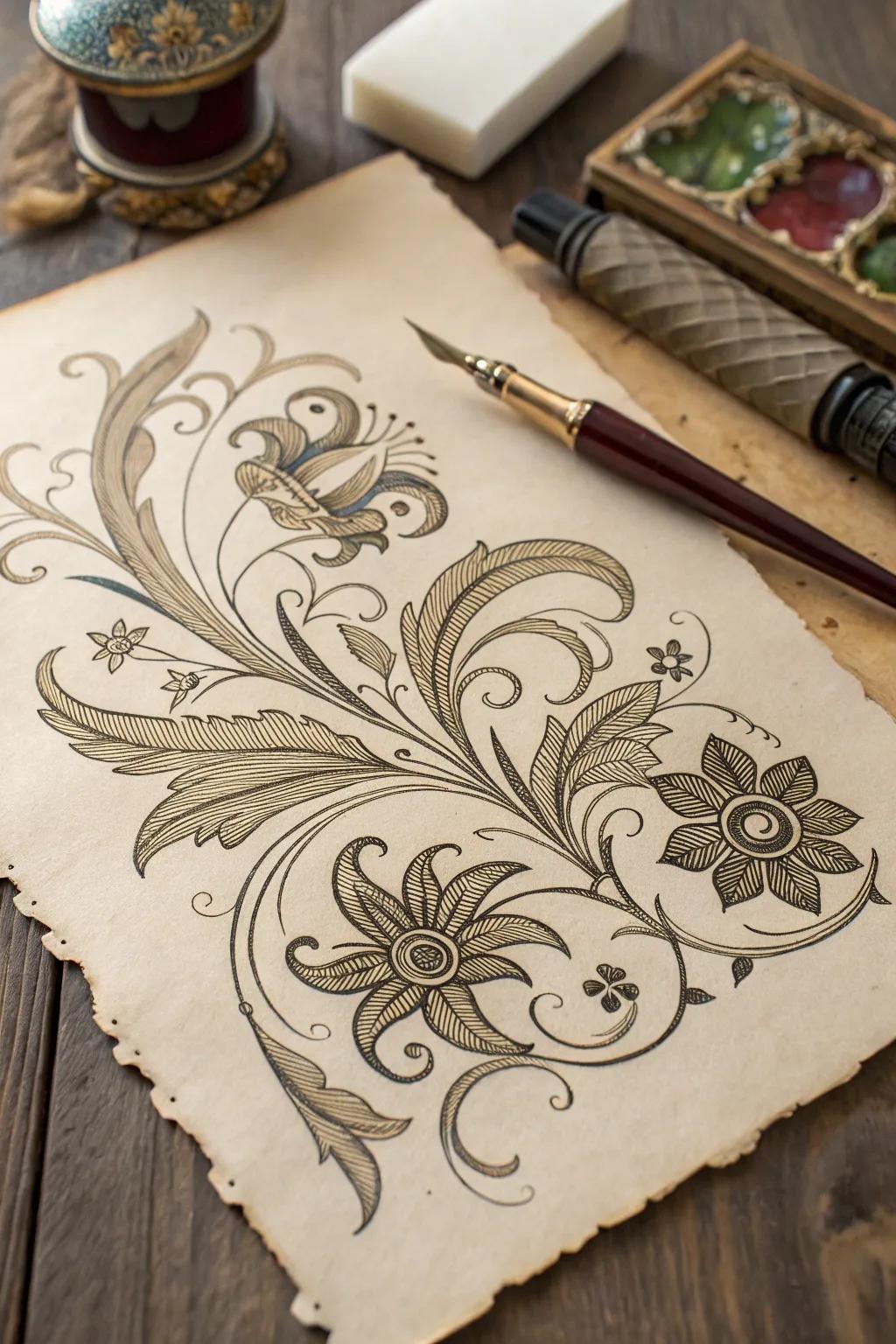 An elegant floral arabesque drawing, full of sophistication.