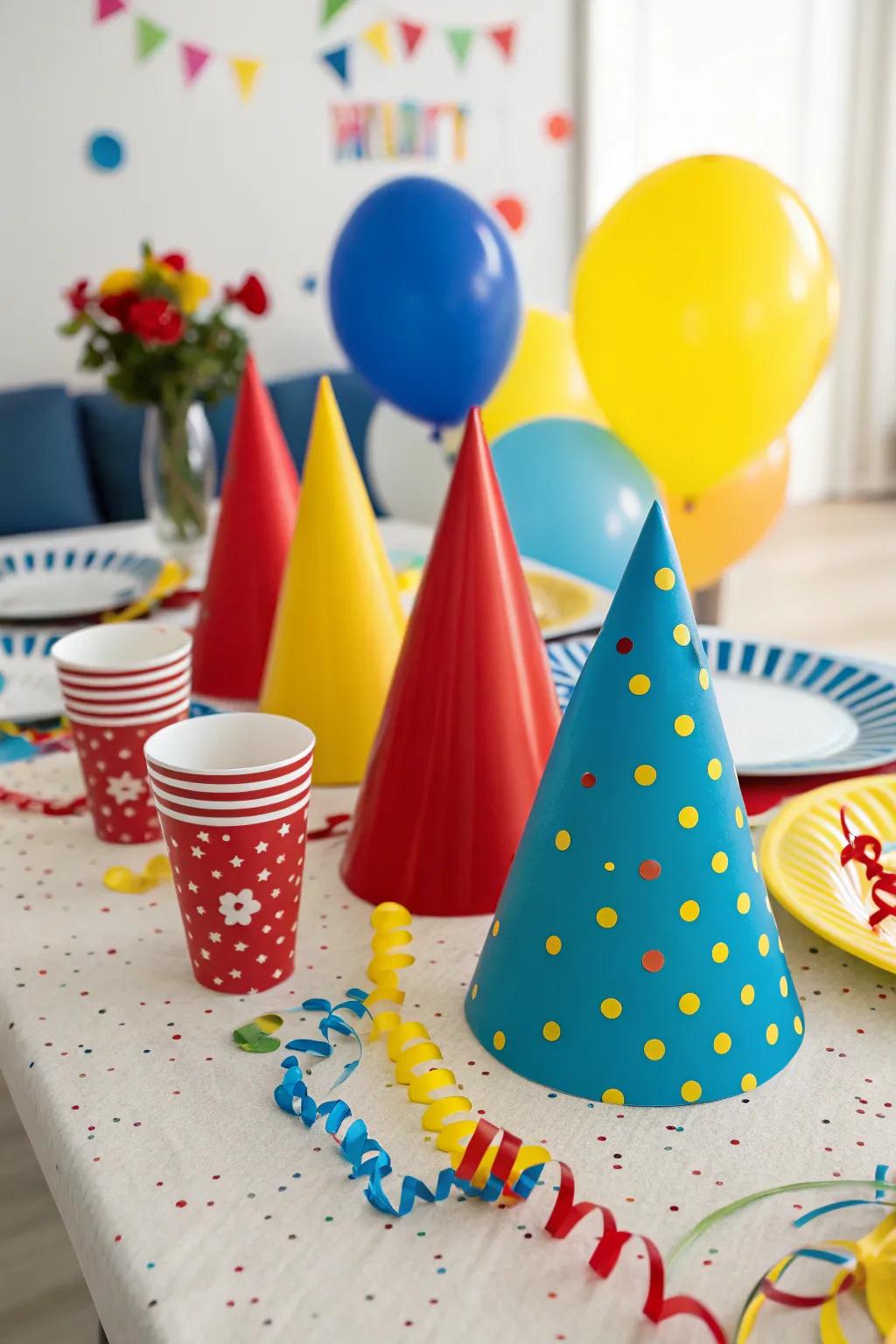 Festive foam paper party hats ready for celebration.