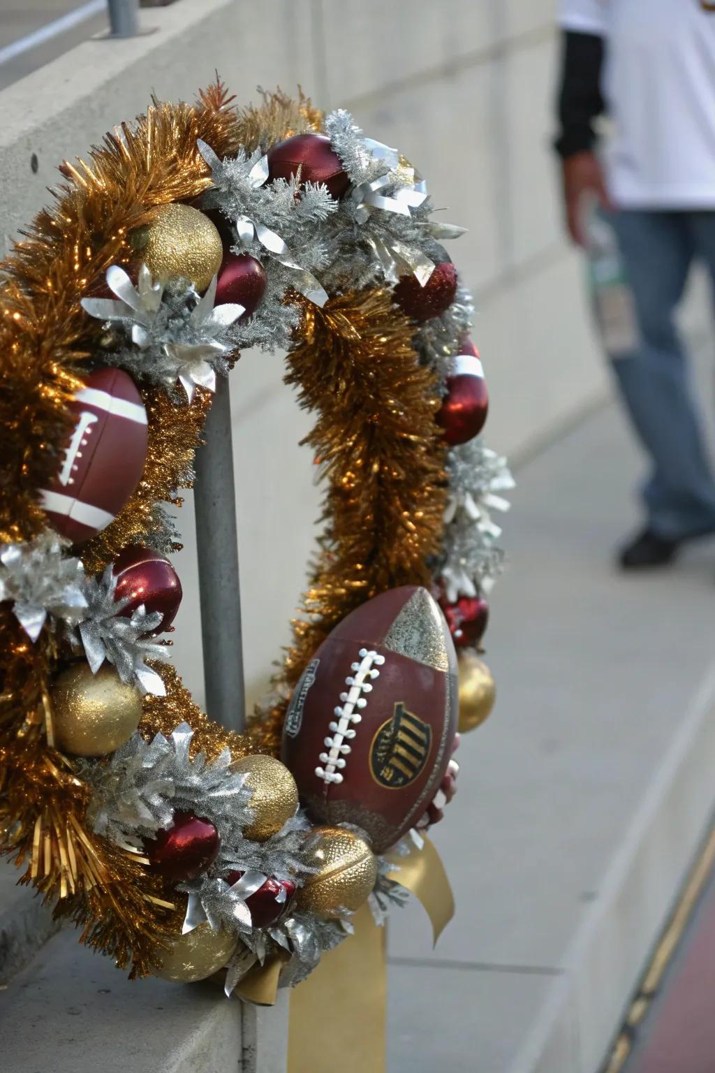 Metallic touches add glamour and shine to this chic football wreath.