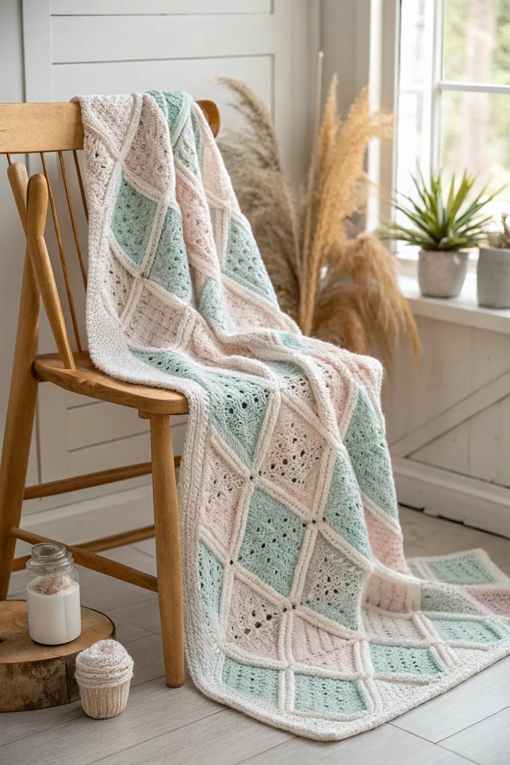 Cozy elegance: Discover the charm of a diamond-patterned crochet baby blanket.