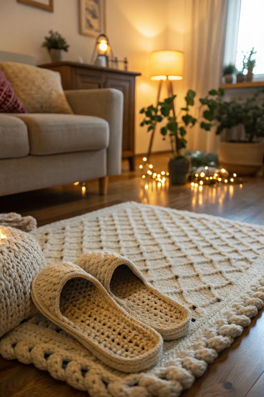 Cozy crochet slippers, ideal for lounging at home.