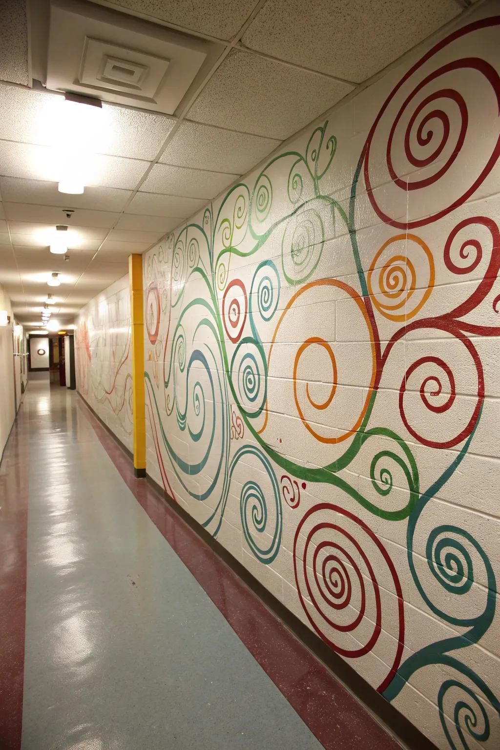 Swirling spirals create a mesmerizing hallway feature.