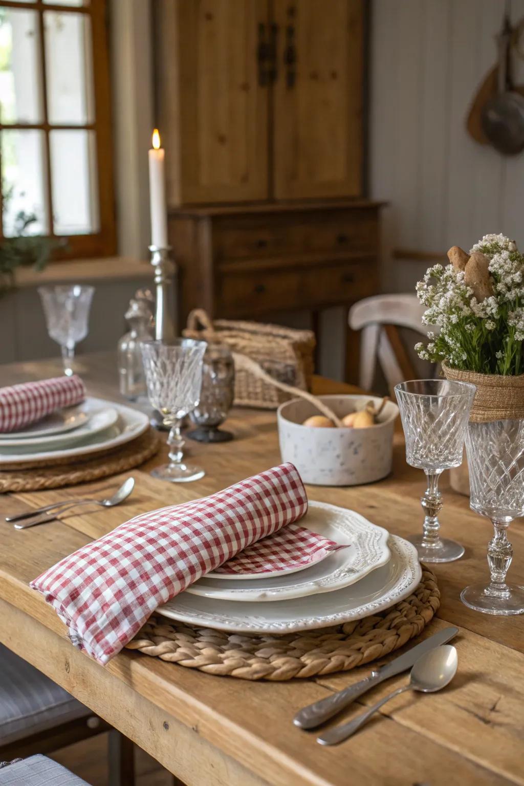 Gingham accents add a cheerful, traditional touch to this French table.