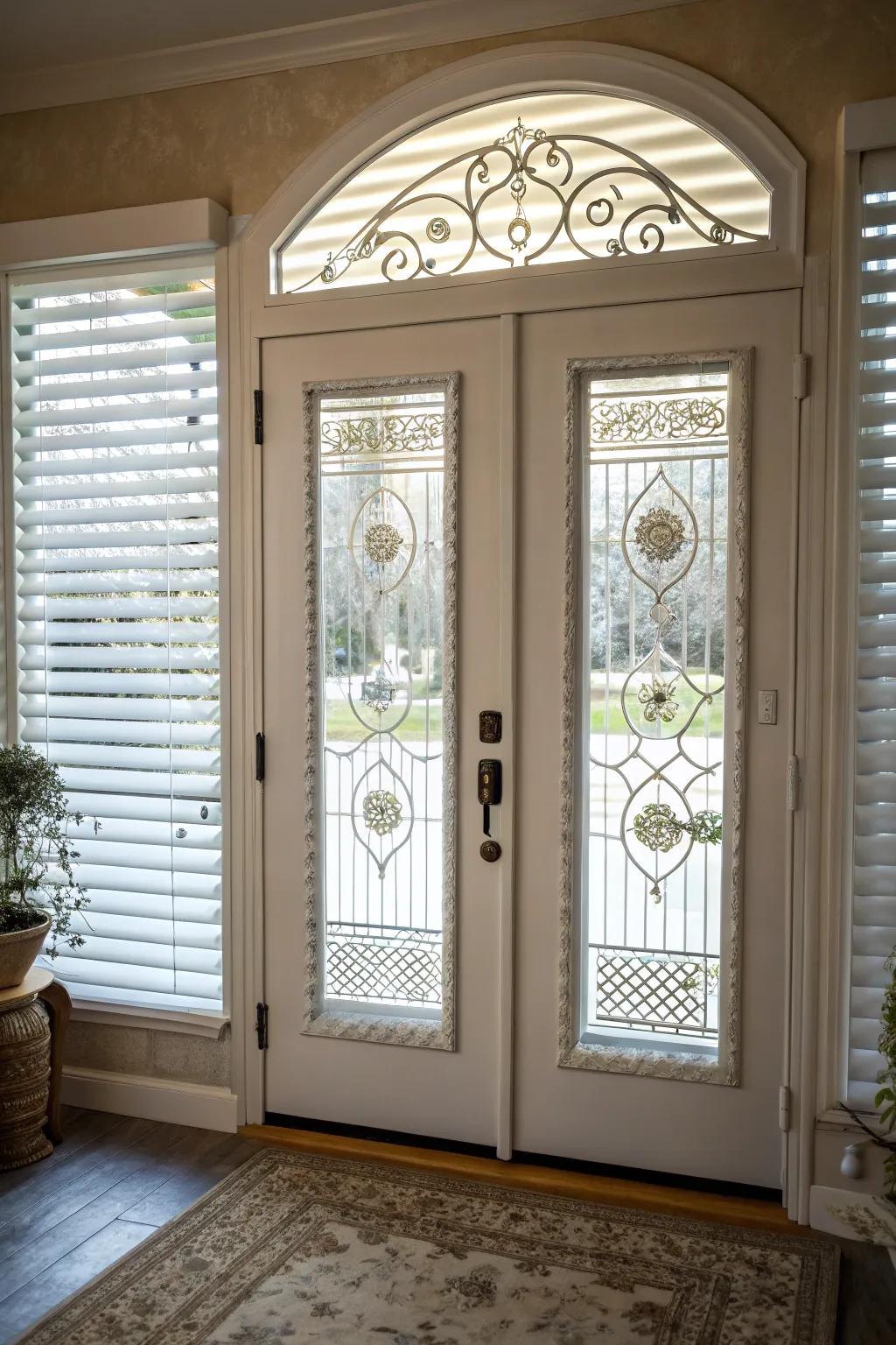 Custom cutout blinds providing a tailored fit for unique front doors.