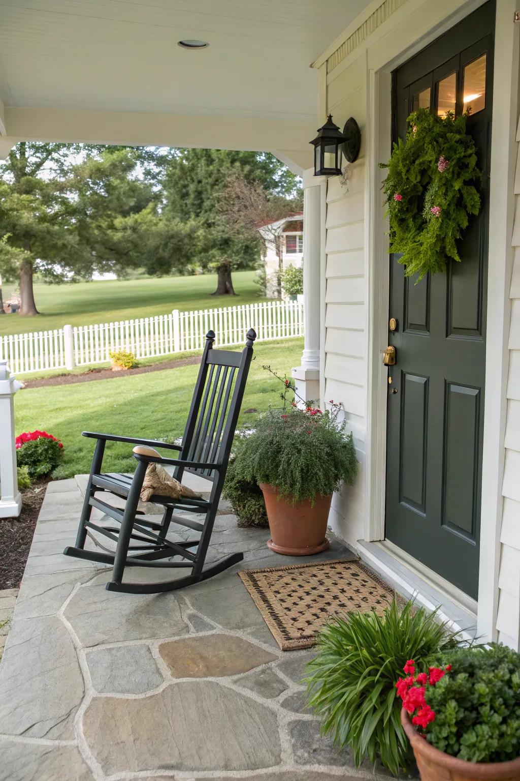 A rocking chair adds timeless charm to the porch.