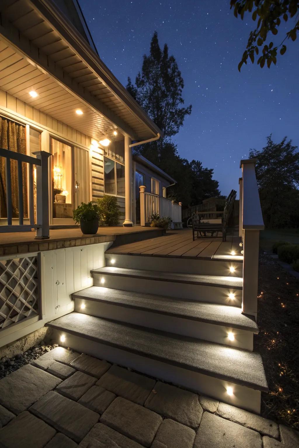 Integrated lighting adds safety and ambiance to porch steps.