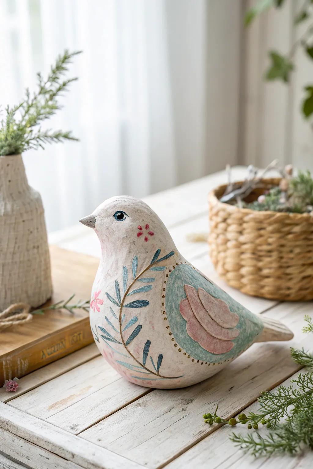 Discover the joy of creativity with this charming paper mâché bird sculpture, a perfect blend of whimsy and craftsmanship.