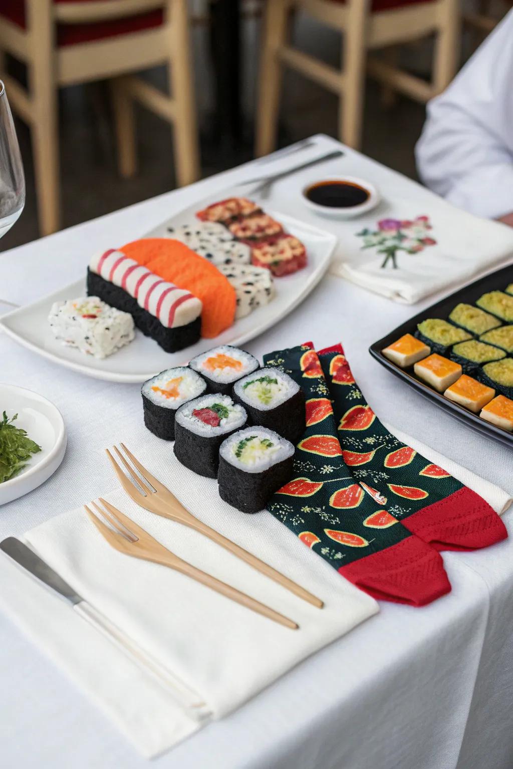 Unroll the fun with socks that look just like sushi.