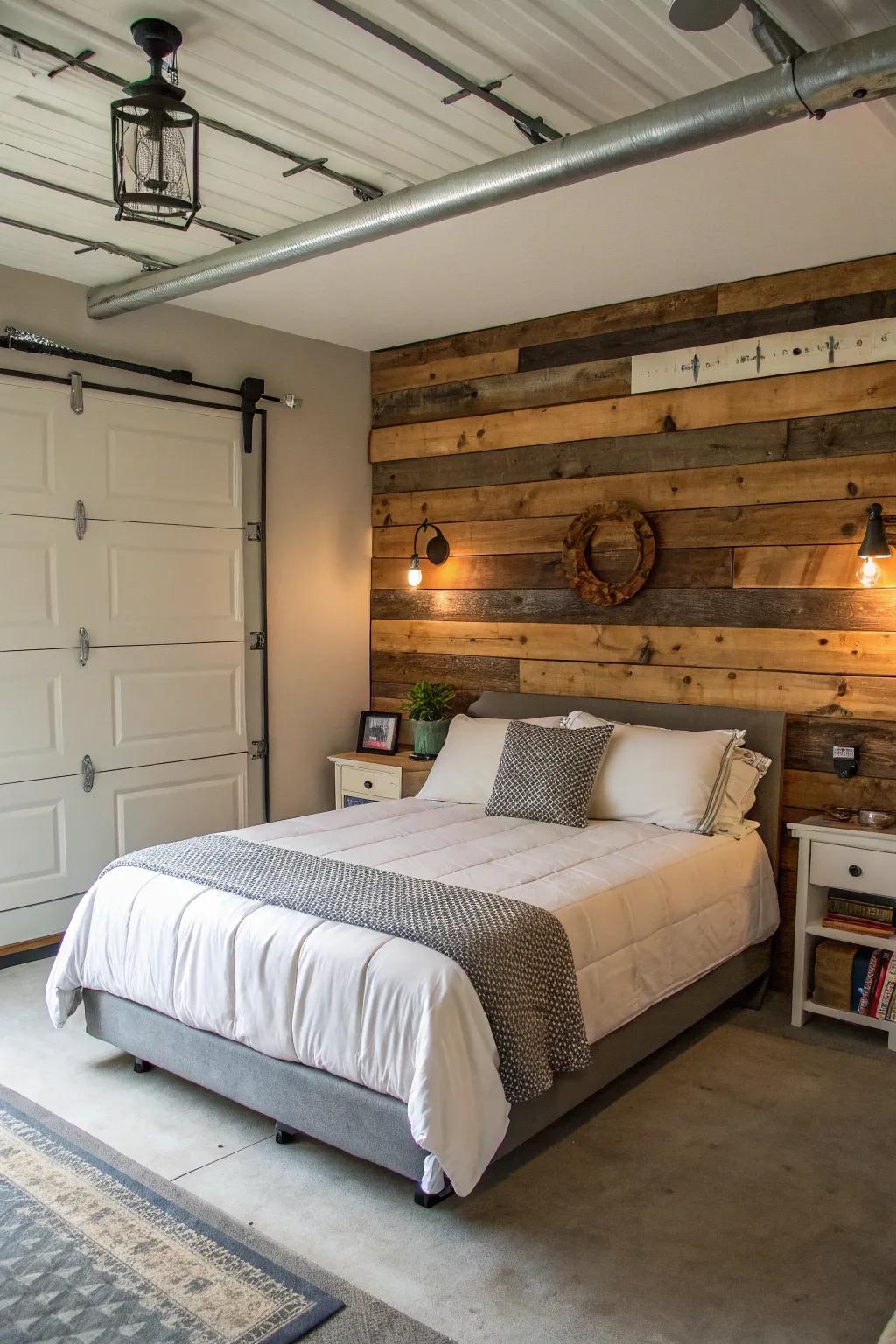 A feature wall adds texture and visual interest to your garage bedroom.