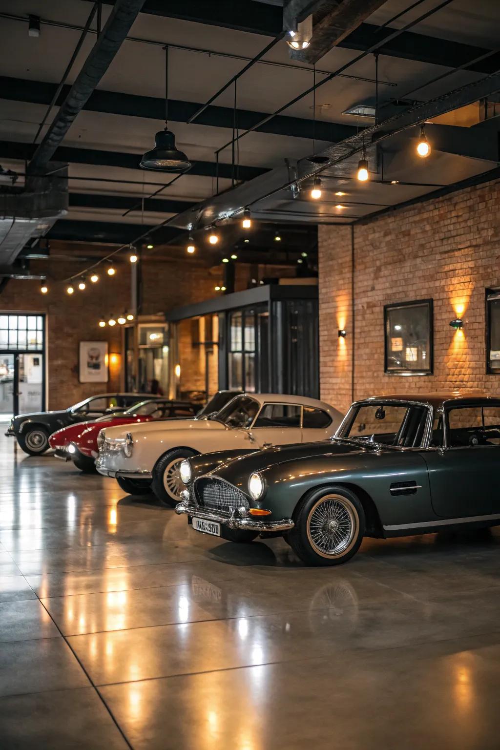 A vintage car display showcasing automotive treasures in a converted garage.