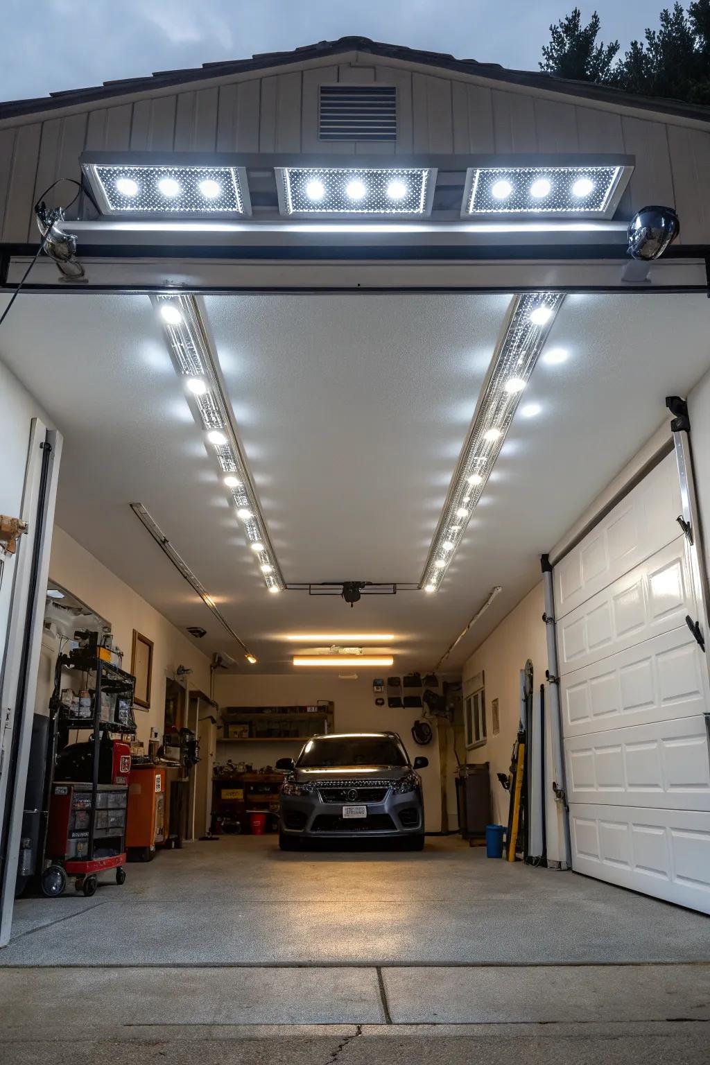 Five-panel LED lights offer adjustable and bright illumination for easy garage upgrades.