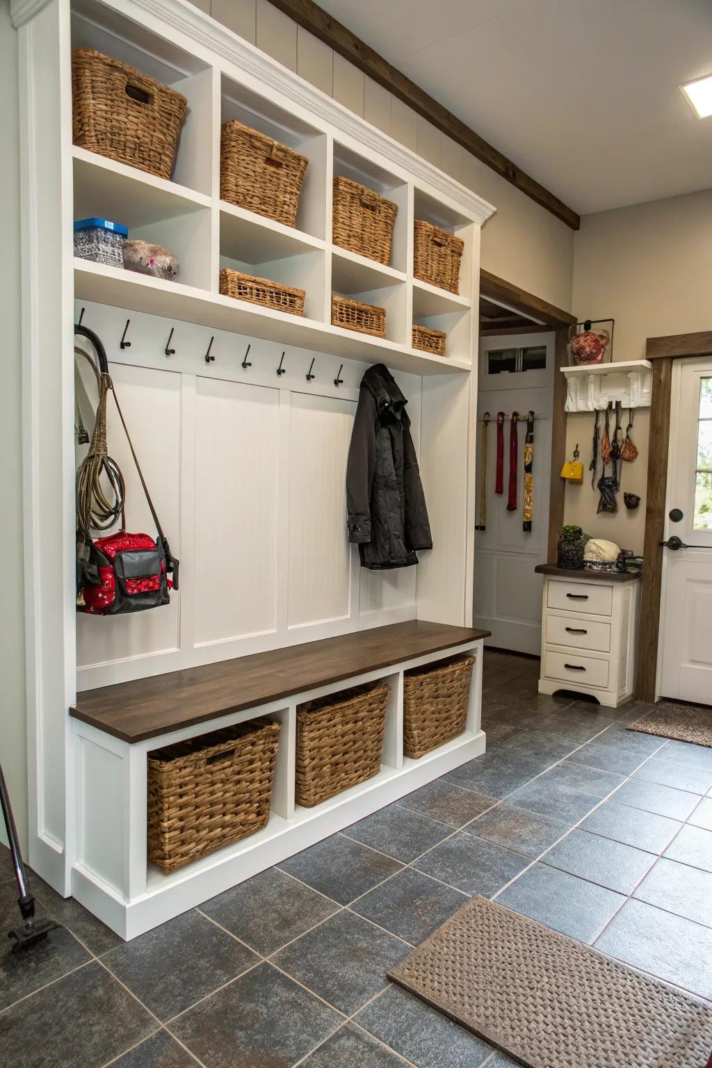 Decorative baskets add style and organization to a garage mudroom.