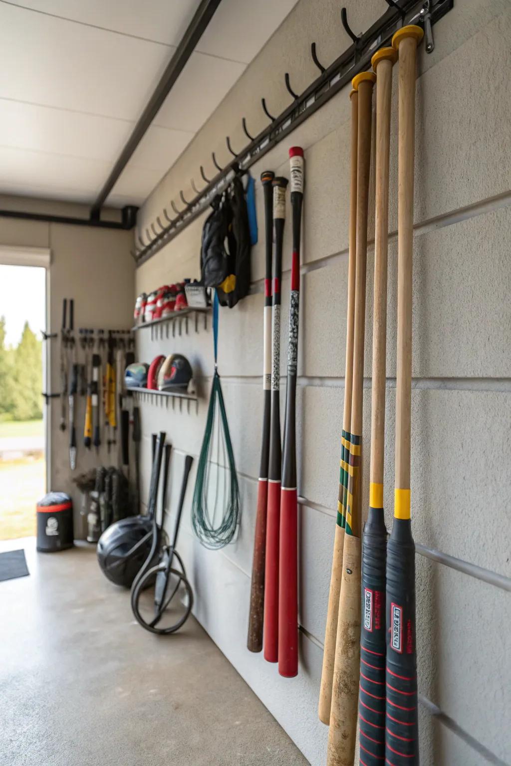 Bungee cords offer a flexible storage solution for sporting goods.