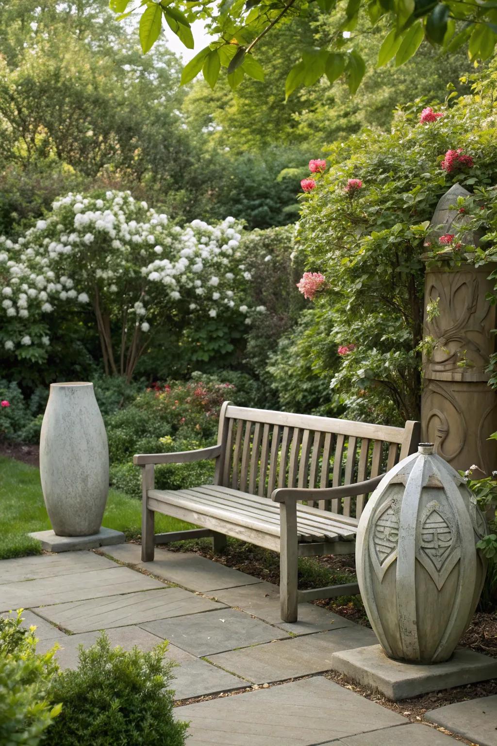 Sculptural elements add artistic flair to your garden bench area.