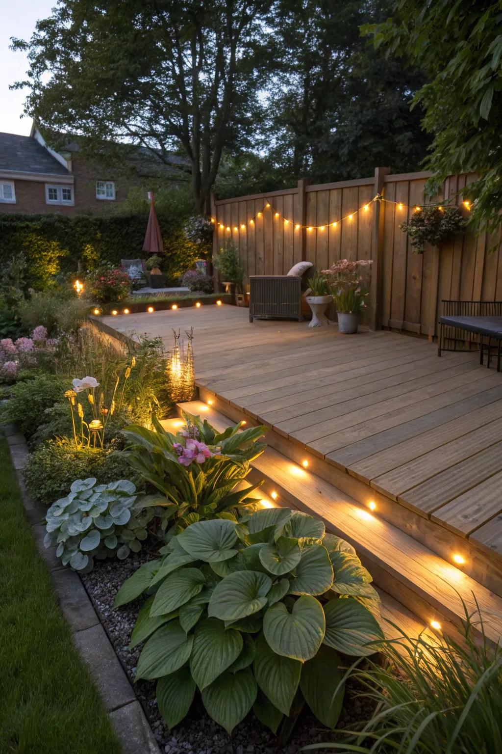 Under-rail lighting offers subtle elegance to garden decks.