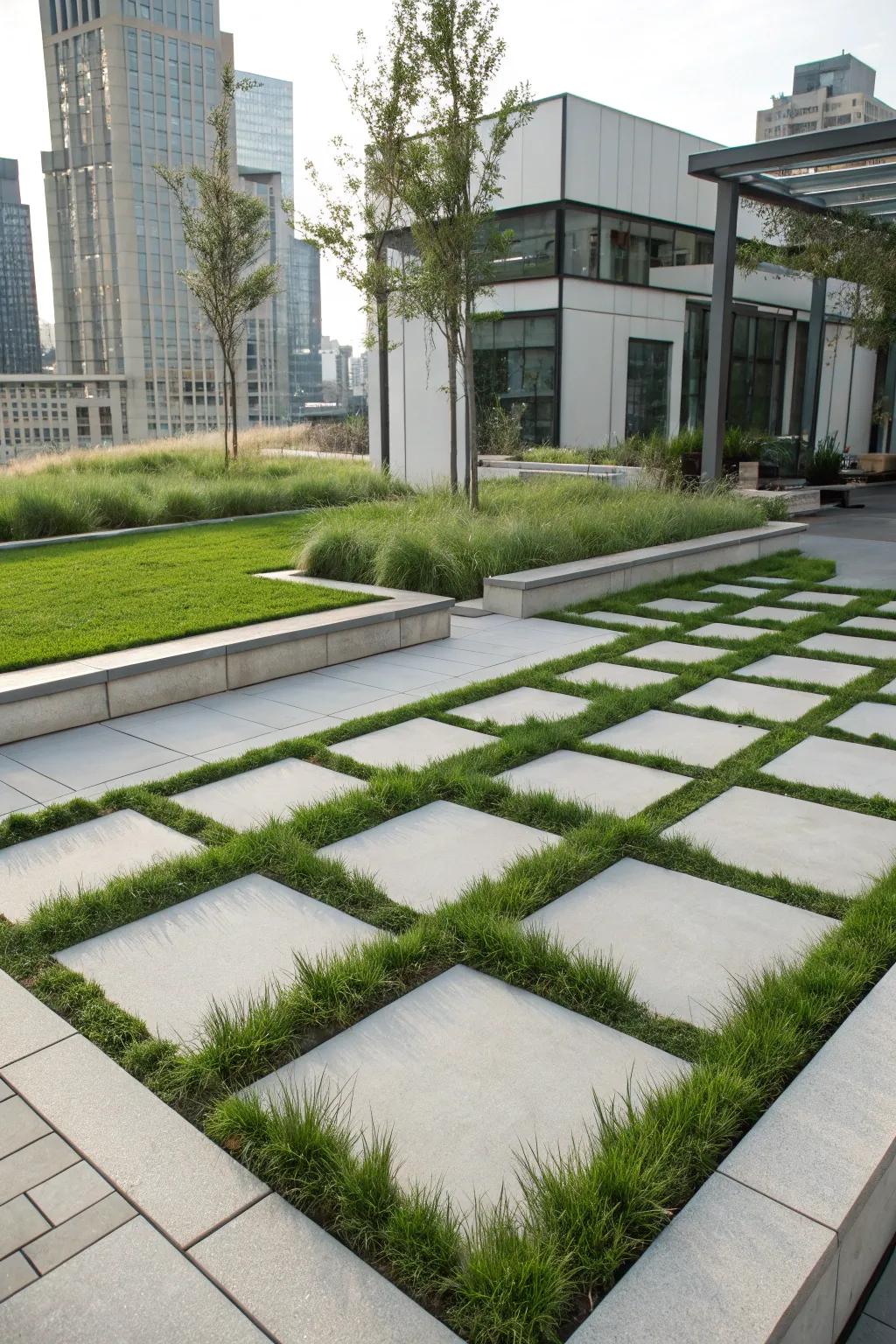 Modern pavers with grass borders.