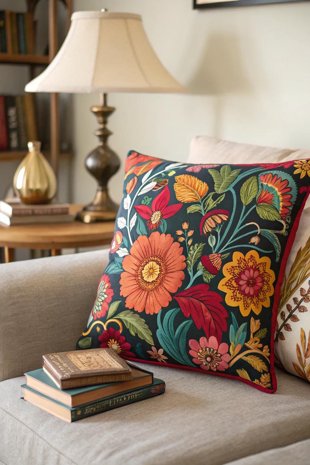 A vibrant throw pillow adding flair to a cozy living room.