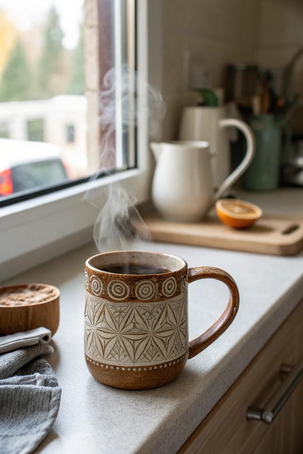 A handmade pottery mug adds a touch of artistry to her morning routine.