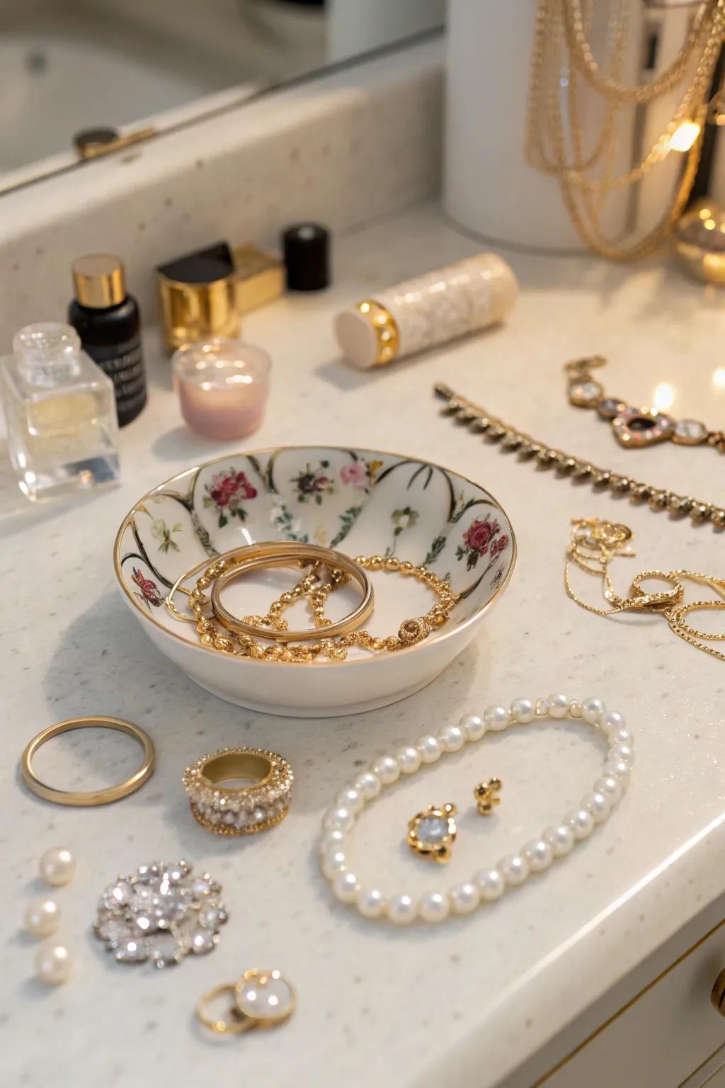 A ring dish adds a touch of style while keeping jewelry organized.