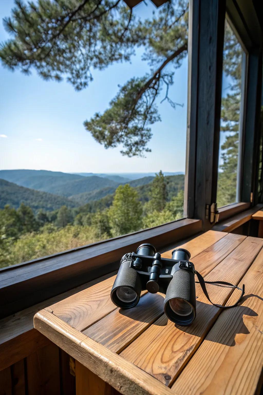 Binoculars bring nature closer, enhancing her outdoor experiences.