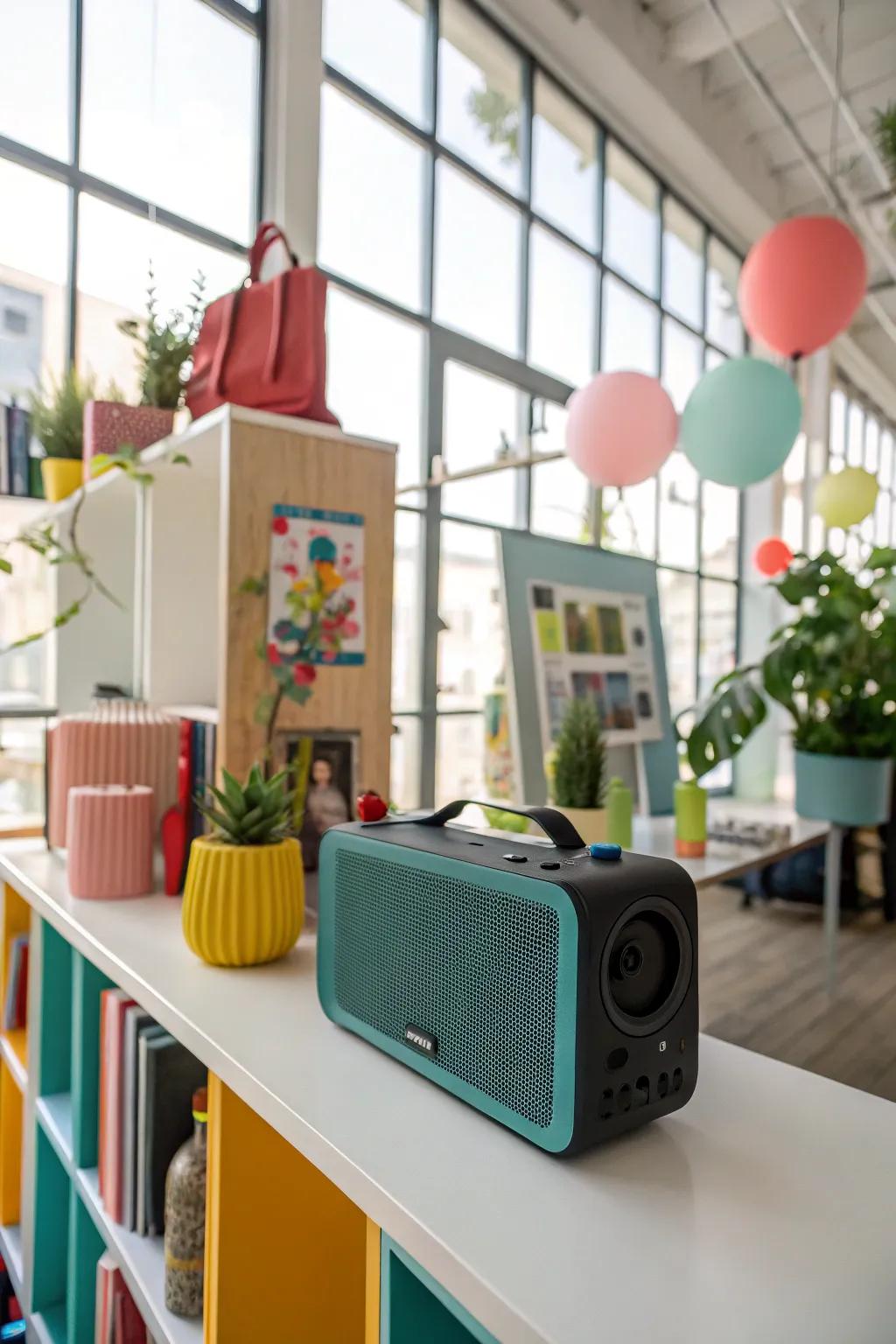 A portable Bluetooth speaker brings music to every corner.