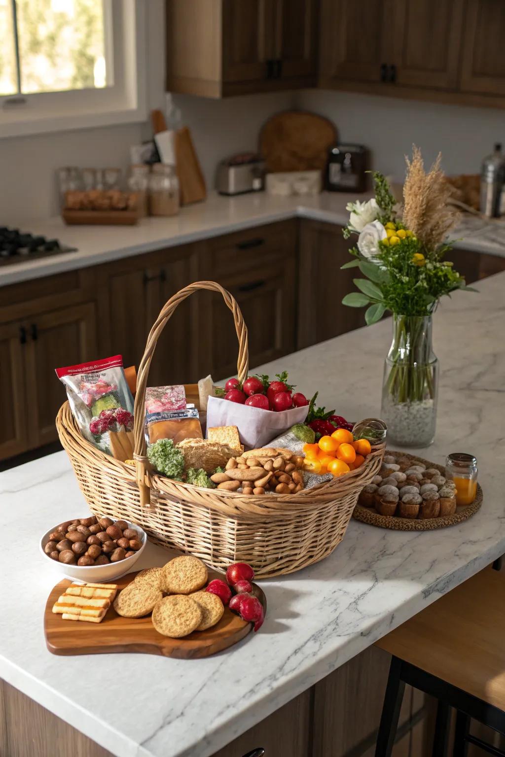 A delightful basket filled with snacks and treats.