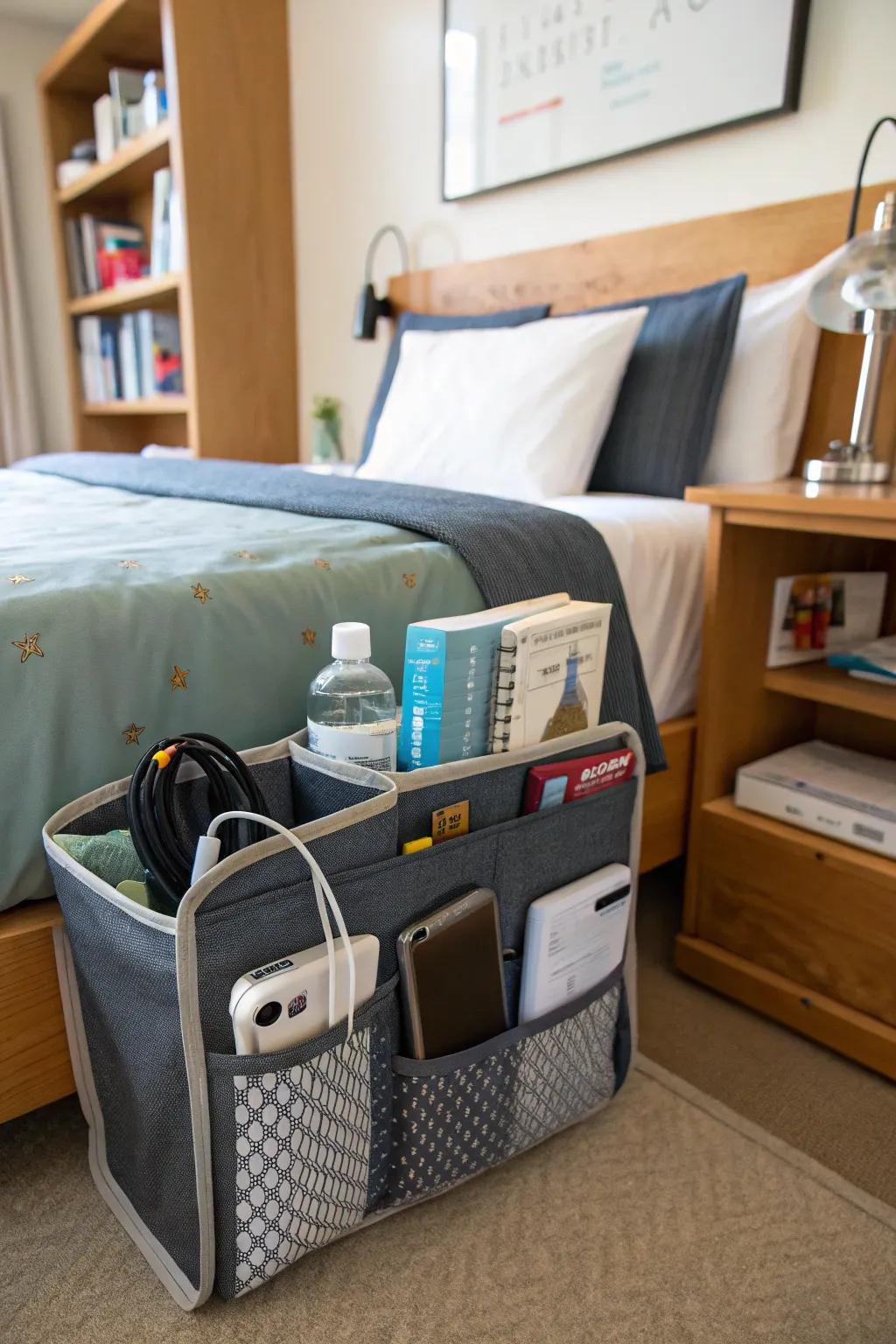 A bedside caddy offers convenience and organization.