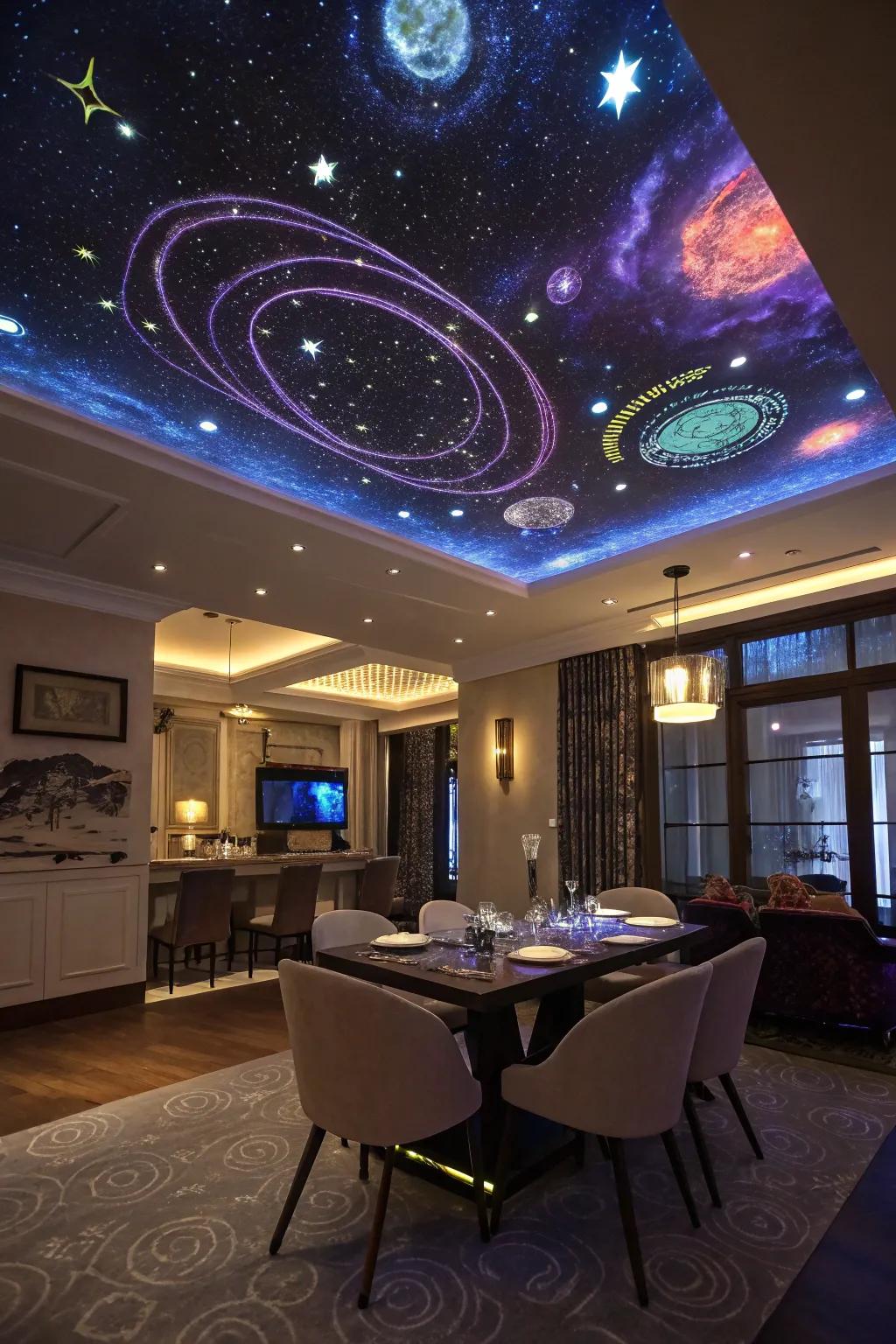 Dine under the stars with a cosmic ceiling art.