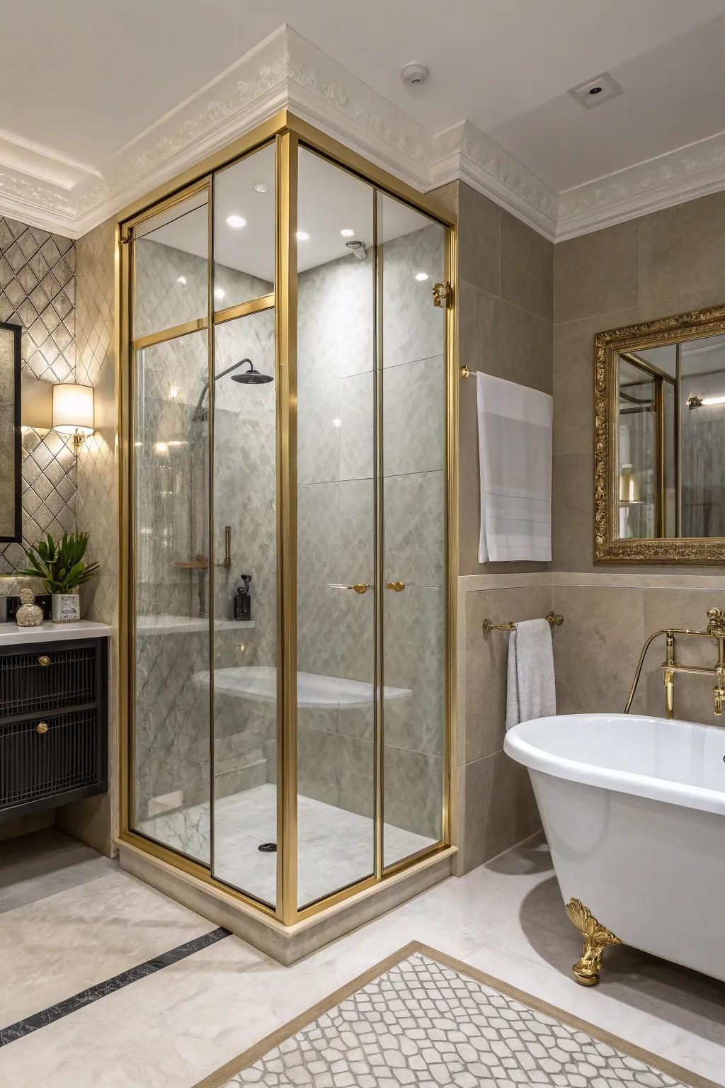 A bathroom with an elegant gold-framed shower enclosure.