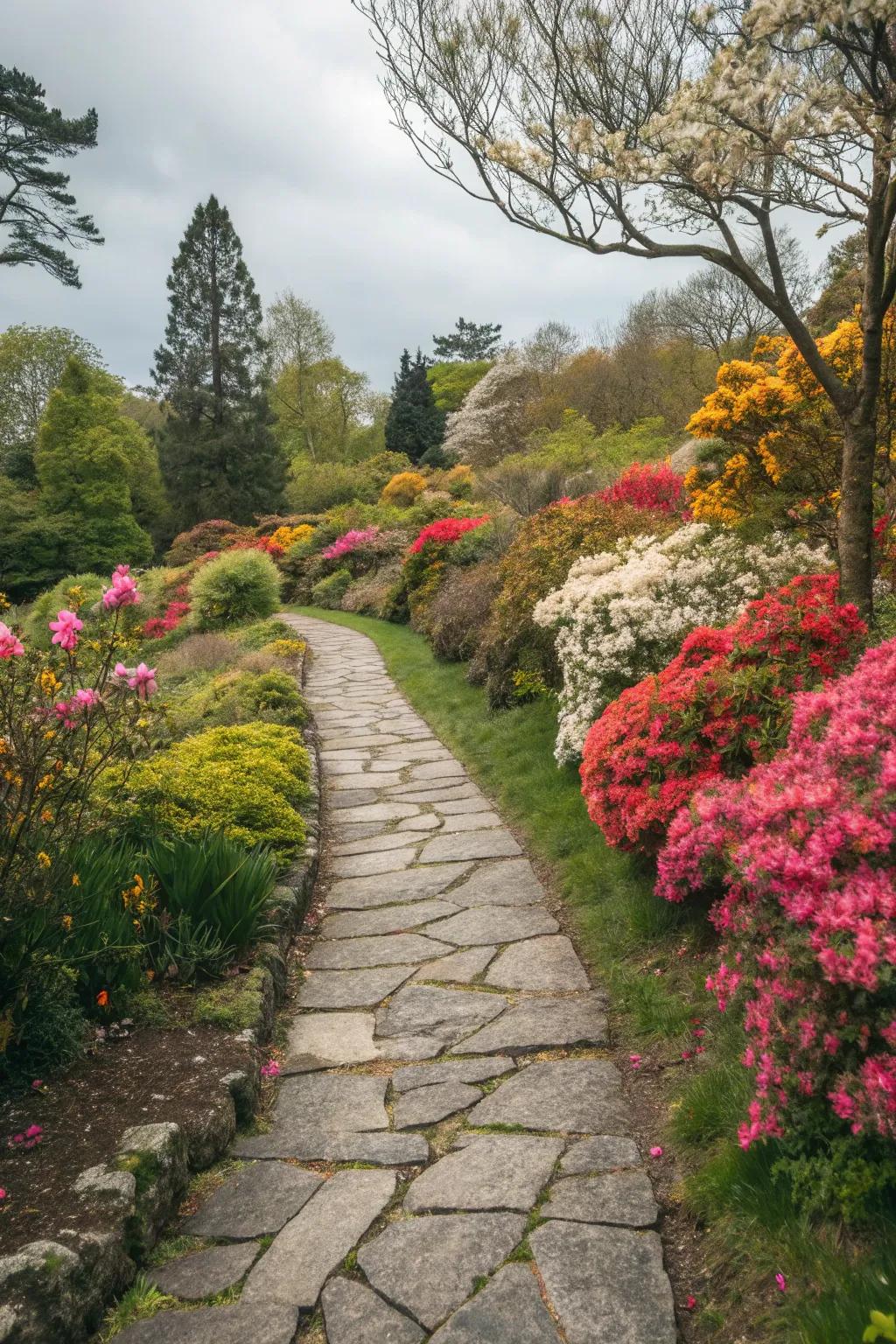 Granite pathway with vibrant seasonal plants.